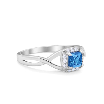 Solitaire Infinity Shank Ring Princess Cut Simulated Blue Topaz CZ 925 Sterling Silver